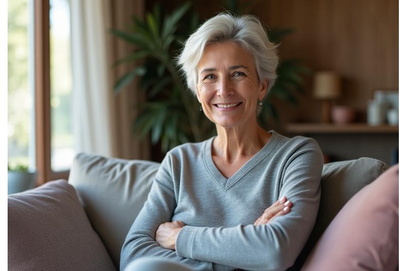 A woman in her late 40s or early 50s looking confident and relaxed, surrounded by natural elements like soft light and gentle textures, representing the journey of menopause with grace.