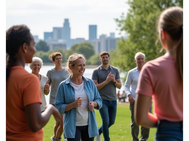 A vibrant community gathering in a Denver park, with diverse adults engaging in light exercise, health discussions, and enjoying the outdoors, symbolizing local wellness initiatives.