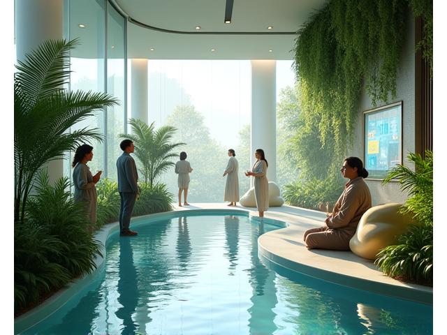 A futuristic, serene wellness center depicted with digital interfaces, natural light, and diverse adults (35+) engaging in advanced, personalized health activities, symbolizing innovation and holistic well-being.