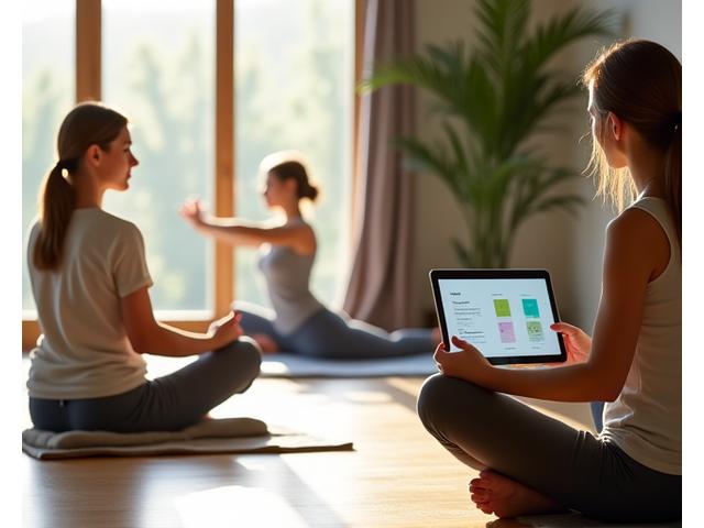 Diverse group of adults (35+) engaged in various mindful and active wellness activities in an bright, clean studio. One is meditating, another doing gentle yoga, and a third reviewing a personalized digital health plan on a tablet.