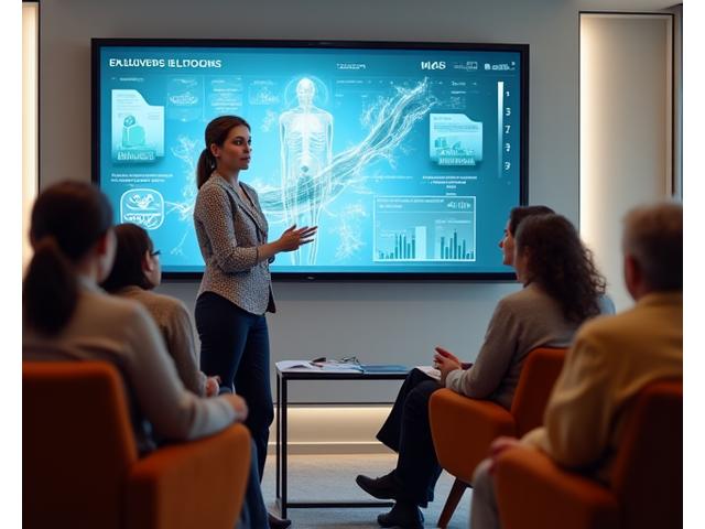 A diverse group of adults intently listening to a wellness expert, with a presentation screen in the background displaying scientific data, illustrating knowledge sharing and expert guidance.