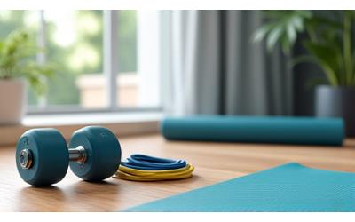 Modern home gym setup featuring compact yet effective fitness equipment like adjustable dumbbells, resistance bands, and a yoga mat, ready for a workout.