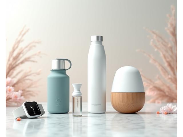 Modern collection of wellness products including a sleek smart tracker, a stylish water bottle, and a compact essential oil diffuser, arranged artfully on a light-colored surface with soft lighting.