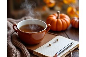 A warm autumn setting with a gentle light source, a journal, comforting herbal tea, and immune-building supplements, suggesting preparation and reflection.