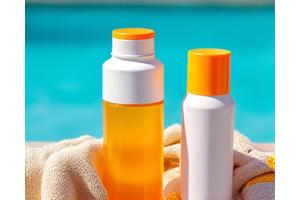 A vibrant summer scene with a stylish water bottle, sunscreen, and beach towel, depicting hydration, sun protection, and enjoyable outdoor activities.