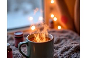 A cozy winter scene with immune-boosting supplements, a warm beverage, and a soft blanket, representing comfort and health during colder months.