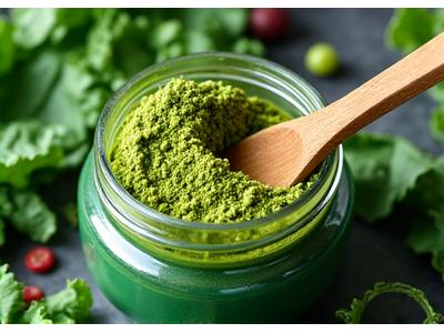 A vibrant green superfood powder container with a spoon and fresh ingredients like spinach and kale, indicating health and vitality.