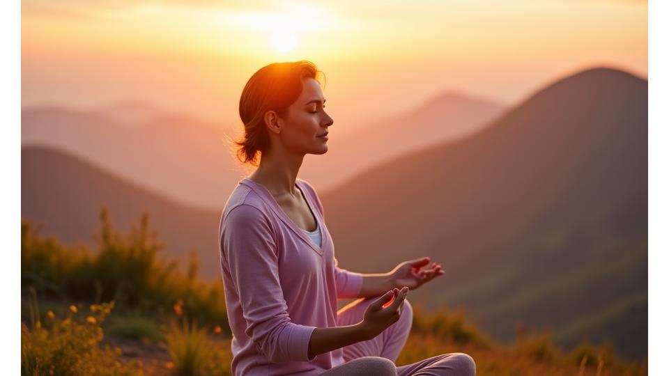 A confident woman in her early 40s meditating peacefully at sunrise, symbolizing health and inner calm
