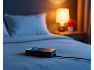 Stylized image of a smartphone placed away from a bed on a nightstand, signifying bedroom technology boundaries for better sleep.