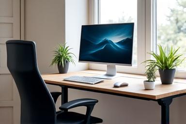 Illustration of an ergonomically set up desk with proper monitor height and chair position.