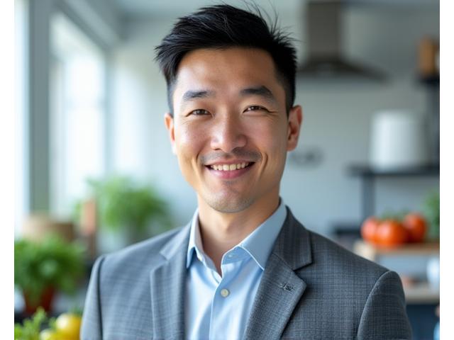 Portrait of James Chen, a focused male nutrition scientist in his late 30s