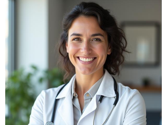 Portrait of Dr. Maria Santos, a kind and knowledgeable female doctor in her 40s