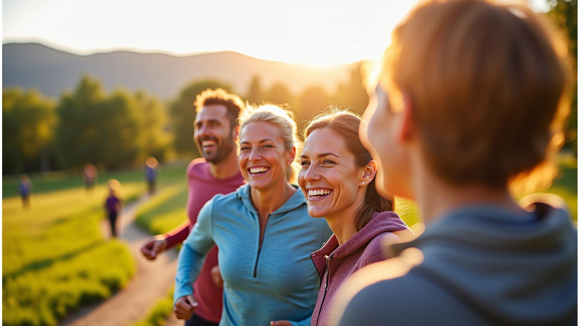 Diverse group of adults 35+ enjoying an active, healthy lifestyle in Denver, smiling and engaging in outdoor activities like hiking and yoga with city skyline in background.