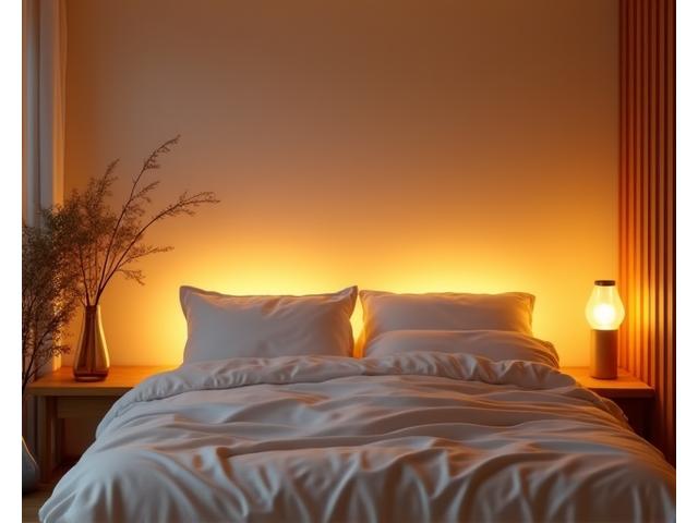 Serene bedroom with smart lighting and comfortable bedding, promoting restful sleep