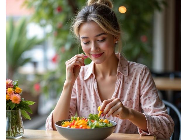 Smiling woman in her early 40s enjoying a mindful meal outdoors, radiating calm