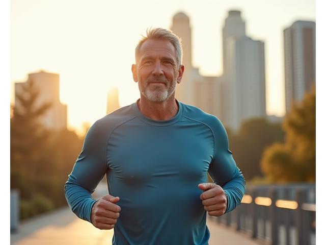 Mark, a dynamic man in his late 40s, looking focused and energetic during a morning run in a park, illustrating rejuvenated vitality and mental clarity through biohacking.