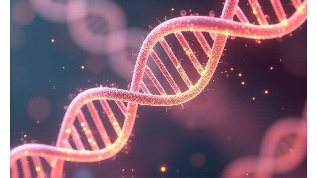 Detailed illustration of a DNA double helix with highlighted genetic markers relevant to nutrition and exercise.