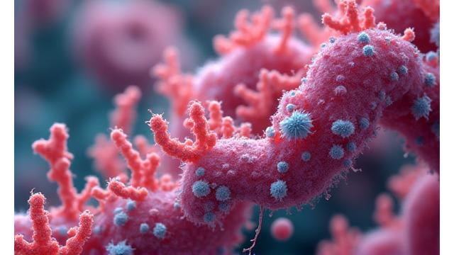 Microscopic view of diverse gut bacteria, vibrant and detailed, representing a healthy microbiome.