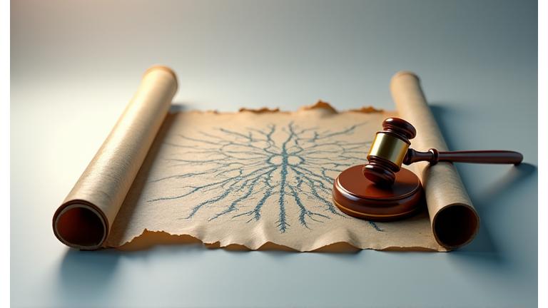 Stylized legal scroll and gavell with a digital overlay, representing modern legal frameworks and secure agreements.