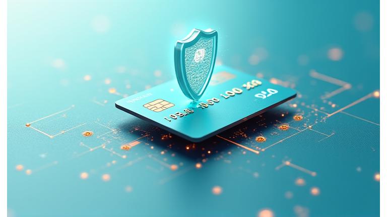 Secure digital transaction illustration with a credit card and shield icon, showing transparency and trust.