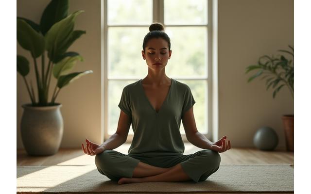 Person meditating calmly in a serene indoor setting, symbolizing stress management techniques.